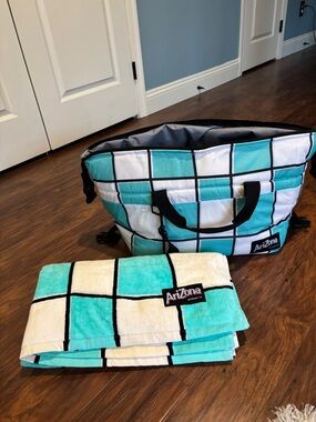 Arizona Beverage Co. Aqua and White Grid Tote with Matching Towel
